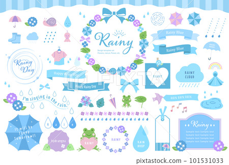 Rainy season illustration and frame set / treatment, rain, hydrangea, ribbon, decorative frame, nature, headline, vector 101531033