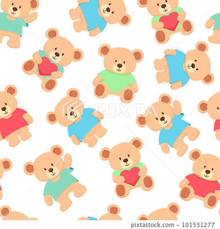Seamless pattern. Cute bear toy in blue, green and red t-shirt. Hand drawn flat childish illustrations isolated on white 101531277