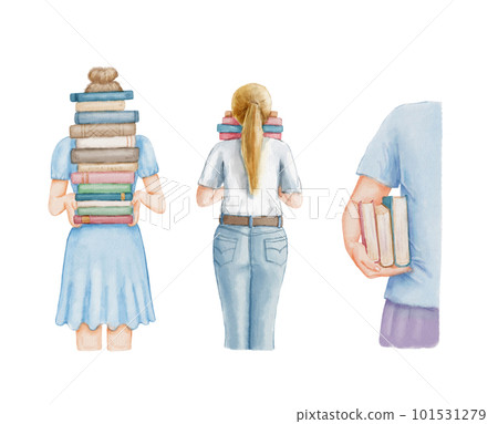 Young female student in jeans holds stack of books. Girl with book in hands isolated on white. Watercolor illustration Young female student in jeans holds stack of books. Girl with book in hands isolated on white. Watercolor illustration 101531279