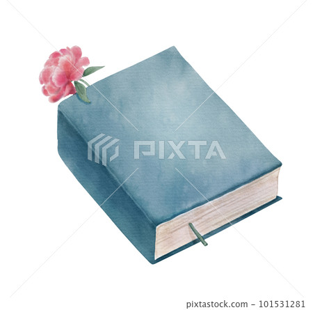Blue closed book with flower. Hand drawn literature for reading and study. Watercolor illustration isolated on white. 101531281