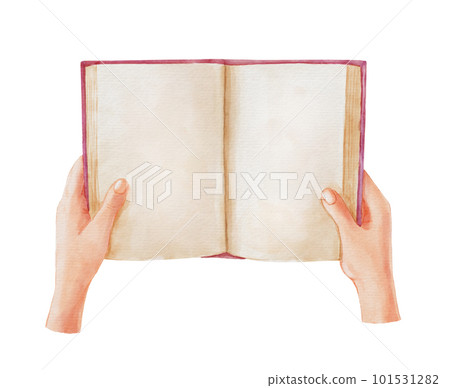 Green open book in female hands. Hand drawn literature for reading and study. Watercolor illustration isolated on white. 101531282