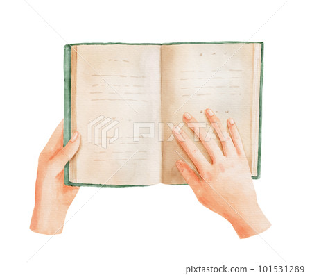 Green open book in female hands. Hand drawn literature for reading and study. Watercolor illustration isolated on white. 101531289