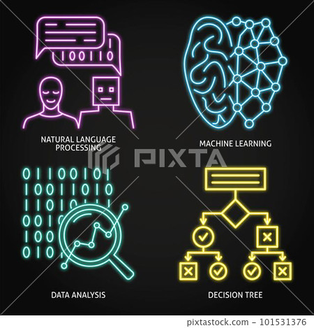 Data analysis and machine learning neon icon set 101531376