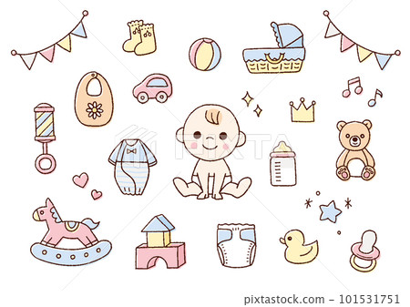 Cute baby / baby goods hand-drawn line drawing / pastel color 101531751