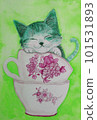 Watercolor painting, kitten sleeping in a teacup 101531893