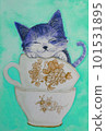 Watercolor painting, kitten sleeping in a teacup 101531895