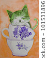 Watercolor painting, kitten sleeping in a teacup 101531896