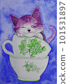 Watercolor painting, kitten sleeping in a teacup 101531897