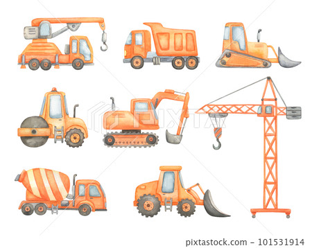 Construction excavation, road roller, crane and truck. Watercolor illustrations set isolated on white. Childish cute construction vehicle for boy nursery or baby shower 101531914