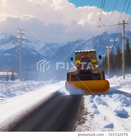 Tractor with snow plow cleaning road Tractor with snow plow cleaning road 101532076