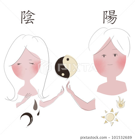 插圖顯示東方醫學概念中“陰陽”與男性和女性、太陽和月亮等的區別。 插圖顯示東方醫學概念中“陰陽”與男性和女性、太陽和月亮等的區別。 101532689