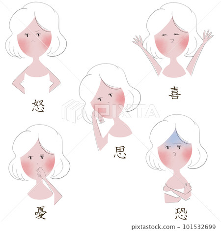 插圖顯示憤怒、喜悅、思想、悲傷和恐懼的五種情緒 (goshi)，這些情緒是東方醫學中疾病的原因，與一位年輕女子一起 101532699