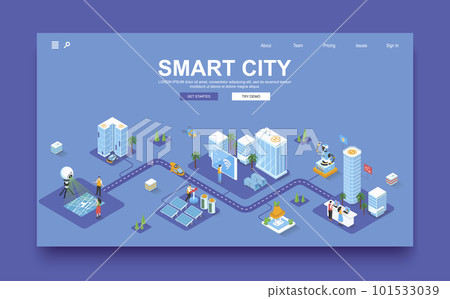 Smart city concept 3d isometric landing page template. People live in skyscrapers with smart automation system and futuristic infrastructure. Vector illustration in isometry graphic design. 101533039