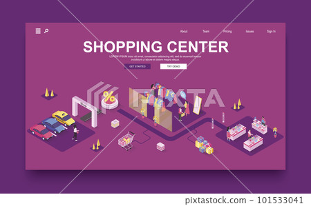 Shopping center concept 3d isometric landing page template. People choose clothes in boutique, buy goods on shelves of store in seasonal sales. Vector illustration in isometry graphic design. 101533041