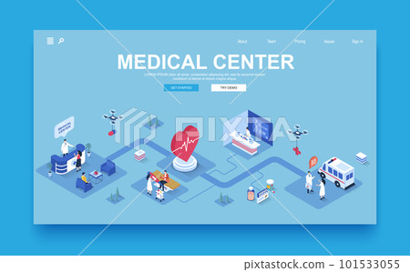 Medical center concept 3d isometric landing page template. People visit hospital, receive consultations from therapist, do tests in laboratory. Vector illustration in isometry graphic design. Medical center concept 3d isometric landing page template. People visit hospital, receive consultations from therapist, do tests in laboratory. Vector illustration in isometry graphic design. 101533055