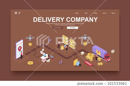 Delivery company concept 3d isometric landing page template. People order goods online and receive parcels, employees work in post warehouses. Vector illustration in isometry graphic design. Delivery company concept 3d isometric landing page template. People order goods online and receive parcels, employees work in post warehouses. Vector illustration in isometry graphic design. 101533061