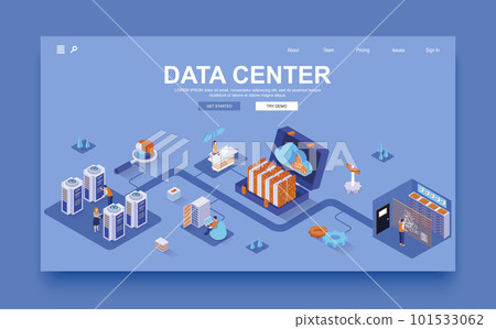 Data center concept 3d isometric landing page template. People control and monitor operation of data processing equipment, maintain of servers. Vector illustration in isometry graphic design. Data center concept 3d isometric landing page template. People control and monitor operation of data processing equipment, maintain of servers. Vector illustration in isometry graphic design. 101533062