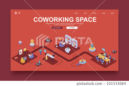 Coworking space concept 3d isometric landing page template. People work in open office, collaborate and hold conferences, discuss and do tasks. Vector illustration in isometry graphic design. Coworking space concept 3d isometric landing page template. People work in open office, collaborate and hold conferences, discuss and do tasks. Vector illustration in isometry graphic design. 101533064