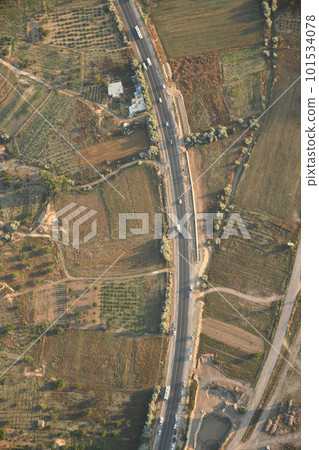 Aerial view of the road between Cavusin and Goreme in Cappadocia, Turkey 101534078
