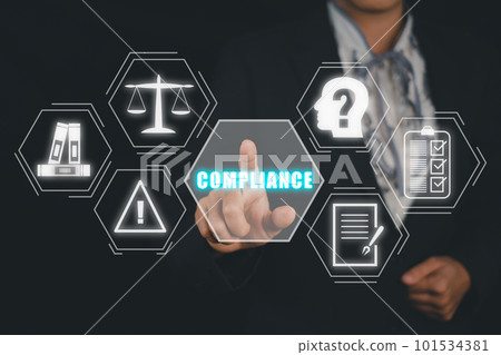 Compliance Rules Law Regulation Policy Business Technology concept, Woman hand touching compliance icon on vr screen. Compliance Rules Law Regulation Policy Business Technology concept, Woman hand touching compliance icon on vr screen. 101534381