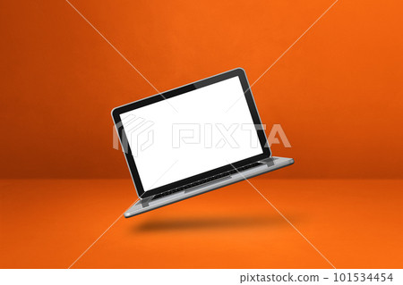 Floating computer laptop isolated on pink. Horizontal background 101534454