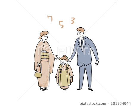 Shichigosan (girl wearing a cloth) and parents, (with letters) 101534944