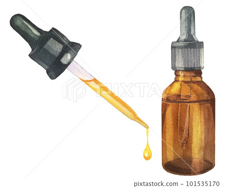 Illustration set of aroma oil, dropper and oil bottle drawn by watercolor 101535170