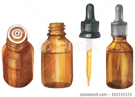 水彩繪製的芳香油、滴管和油瓶插圖集 101535172