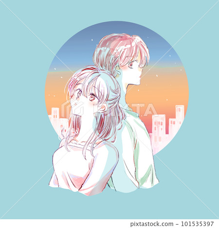 Lonely man and woman back to back, unrequited love, cityscape, dusk Lonely man and woman back to back, unrequited love, cityscape, dusk 101535397
