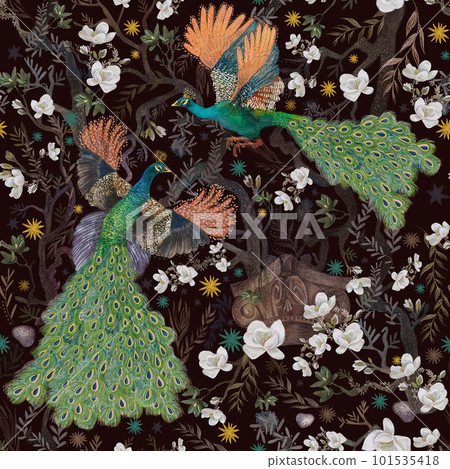 pattern with peacocks and flowers. watercolor illustration. for wallpaper. fabrics, decor, wrapping paper, interior. pattern with peacocks and flowers. watercolor illustration. for wallpaper. fabrics, decor, wrapping paper, interior. 101535418