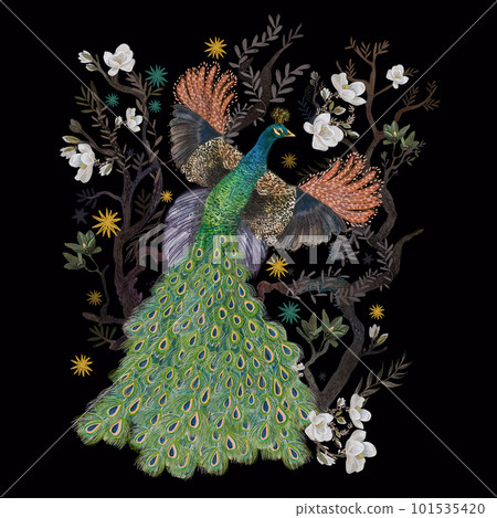 Beautiful peacocks in magnolia flowers. watercolor illustration. for embroidery, postcards, stationery, children. 101535420