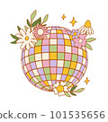 Retro 70s Groovy Hippie disco ball. Funky illustration in vintage hippy style. Vector illustration isolated on a white background 101535656