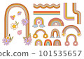 Set of Retro groovy rainbows with flowers. Funky illustration in vintage hippy style. 101535657