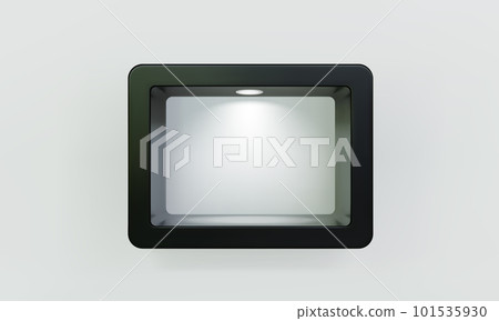Empty black rounded rectangular shelf or niche on white wall with led spotlight 3D mockup 101535930