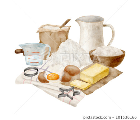 Watercolor baking ingredients composition. Hand drawn flour, bowl, eggs, butter, milk jug, towel, cookie cutter isolated on white background. Cooking pastry illustration for banner, recipe book, blog. Watercolor baking ingredients composition. Hand drawn flour, bowl, eggs, butter, milk jug, towel, cookie cutter isolated on white background. Cooking pastry illustration for banner, recipe book, blog. 101536166