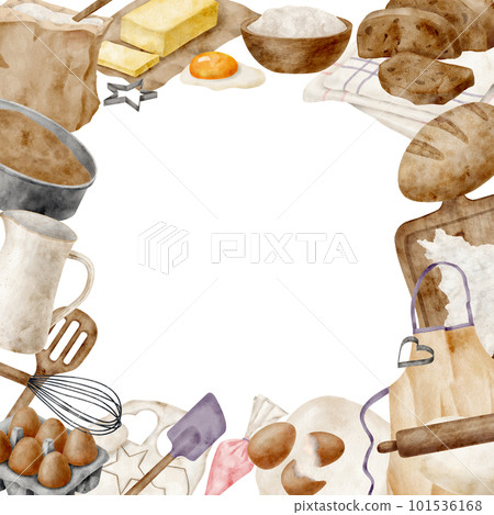 Watercolor baking tools and ingredients frame. Hand drawn square border pastry template with copy space isolated on white background. Cooking utensils, bread, eggs, dough, whisk, apron, spatula. Watercolor baking tools and ingredients frame. Hand drawn square border pastry template with copy space isolated on white background. Cooking utensils, bread, eggs, dough, whisk, apron, spatula. 101536168
