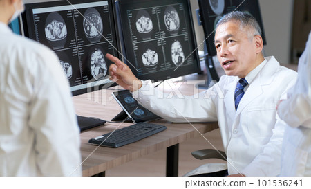 醫生解讀顯示器上顯示的 X 射線數據 101536241