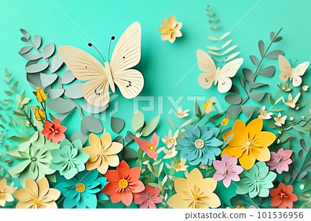 Paper flowers and butterflies on turquoise background illustration. Generative AI Paper flowers and butterflies on turquoise background illustration. Generative AI 101536956