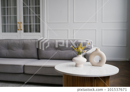 Modern stylish vases on the coffee table near the gray sofa in the living room of the house Modern stylish vases on the coffee table near the gray sofa in the living room of the house 101537671