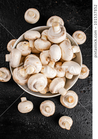 Fresh mushrooms champignons in a bowl on the table. Fresh mushrooms champignons in a bowl on the table. 101537852
