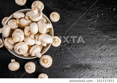 Fresh mushrooms champignons in a bowl on the table. Fresh mushrooms champignons in a bowl on the table. 101537853