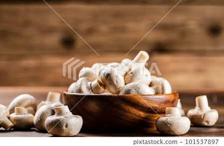 A wooden plate full of fresh mushrooms. A wooden plate full of fresh mushrooms. 101537897