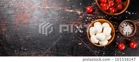 Mozzarella cheese with tomatoes and spices in bowls on the table. Mozzarella cheese with tomatoes and spices in bowls on the table. 101538147
