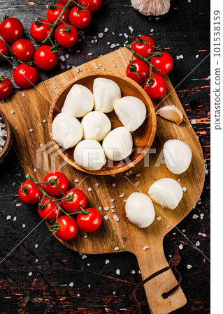 Mozzarella cheese on a cutting board with spices and tomatoes. Mozzarella cheese on a cutting board with spices and tomatoes. 101538159