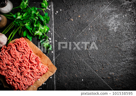 Minced meat on a stone board with parsley and garlic. 101538595