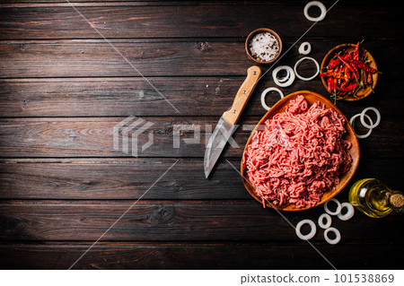 Minced meat on a plate with onion rings. 101538869