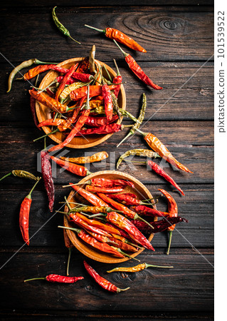 Pods of dried chili peppers in a plate. 101539522