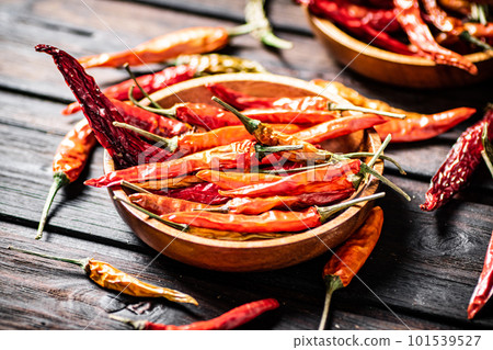 Pods of dried chili peppers in a plate. Pods of dried chili peppers in a plate. 101539527
