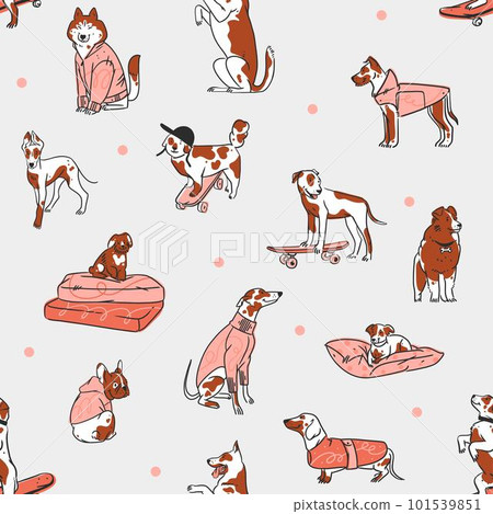 Hand drawn vector abstract graphic line art seamless pattern with diverse cute cartoon dogs characters.Vector illustration of funny cartoon different breeds dogs in trendy flat style. Line dog icon. Hand drawn vector abstract graphic line art seamless pattern with diverse cute cartoon dogs characters.Vector illustration of funny cartoon different breeds dogs in trendy flat style. Line dog icon. 101539851