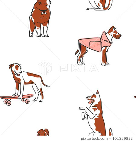 Hand drawn vector abstract graphic line art seamless pattern with diverse cute cartoon dogs characters.Vector illustration of funny cartoon different breeds dogs in trendy flat style. Line dog icon. 101539852